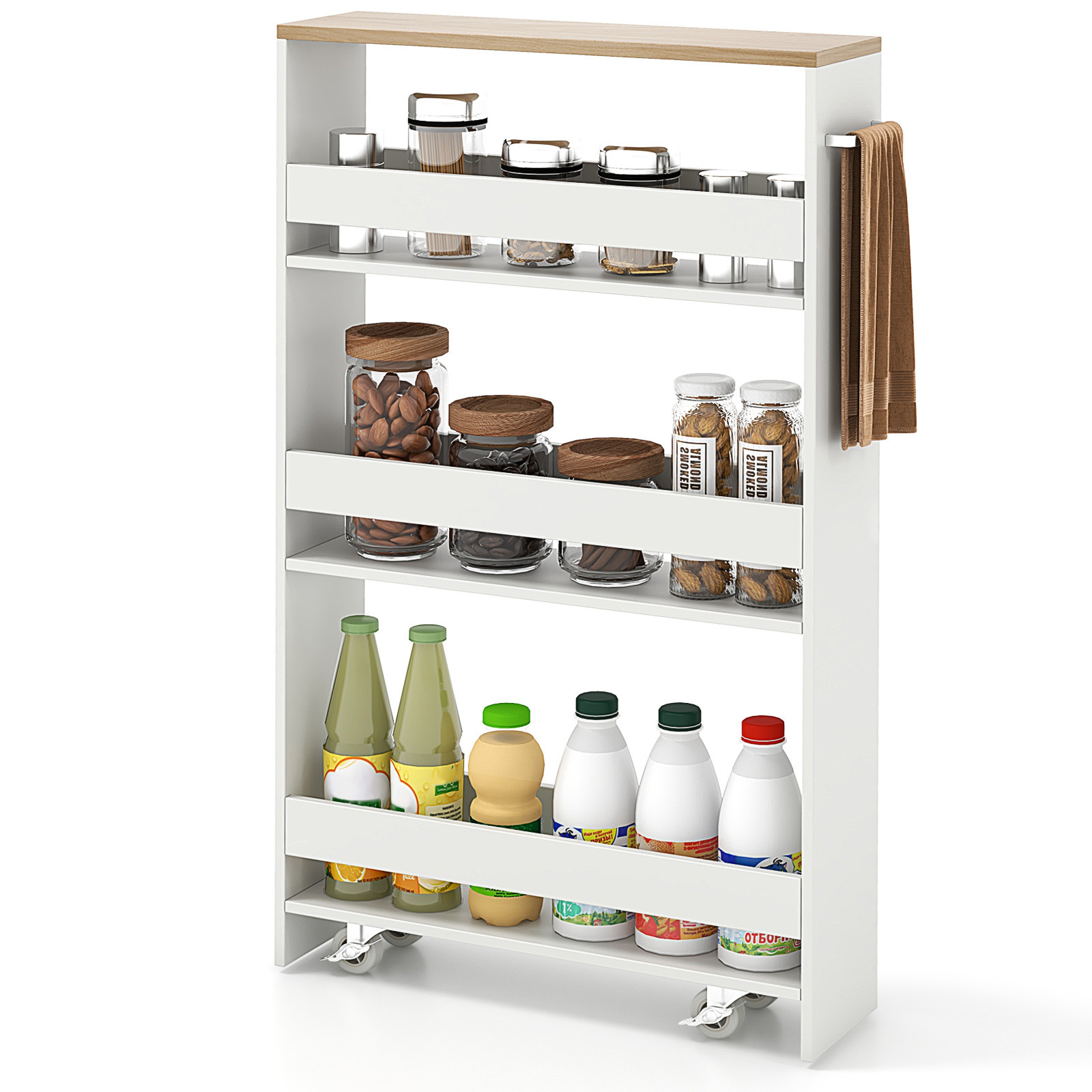 Costway Slanke 4-laagse Opbergkar met Zwenkwielen voor in de Keuken