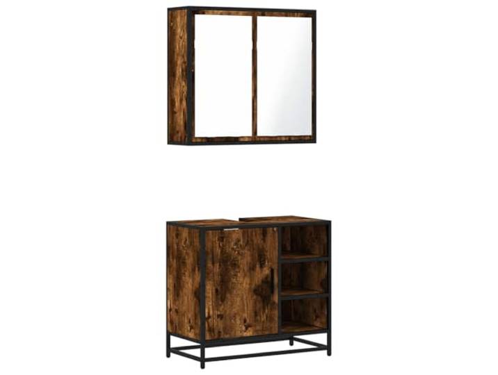 POUFGDR Badezimmermöbel-Set, 2-teilig, Eiche, Rauchgrau, Wandschrank Strapazierfähiges Holzwerkstoff, Metallrahmen, industrieller Stil, Wandbefestigung, Utensilienaufbewahrung, Spüle