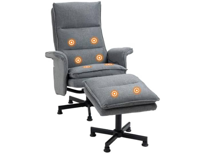 HOMCOM Relaxsessel mit Hocker 360°Drehbarer Fernsehsessel 5 Modi Grau Vibrations-Massage, Liegefunktion, Massagesessel mit Leinenoptik, Wohnzimmer