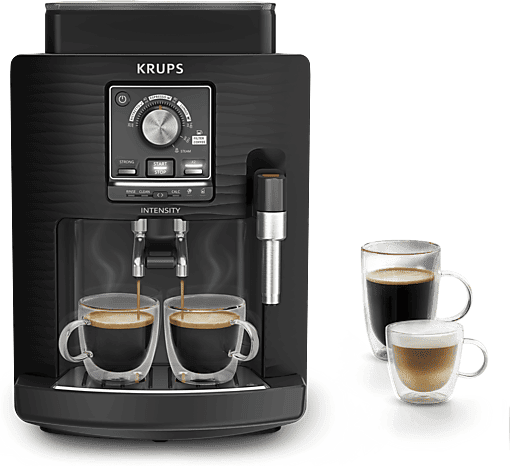 Cafetera superautomática - Krups Intensity EA50K9, 4 bebidas, Espumador de leche manual, Granos cafe, 15 bares, 1.7l, 2 Tazas, Compacta, Negro