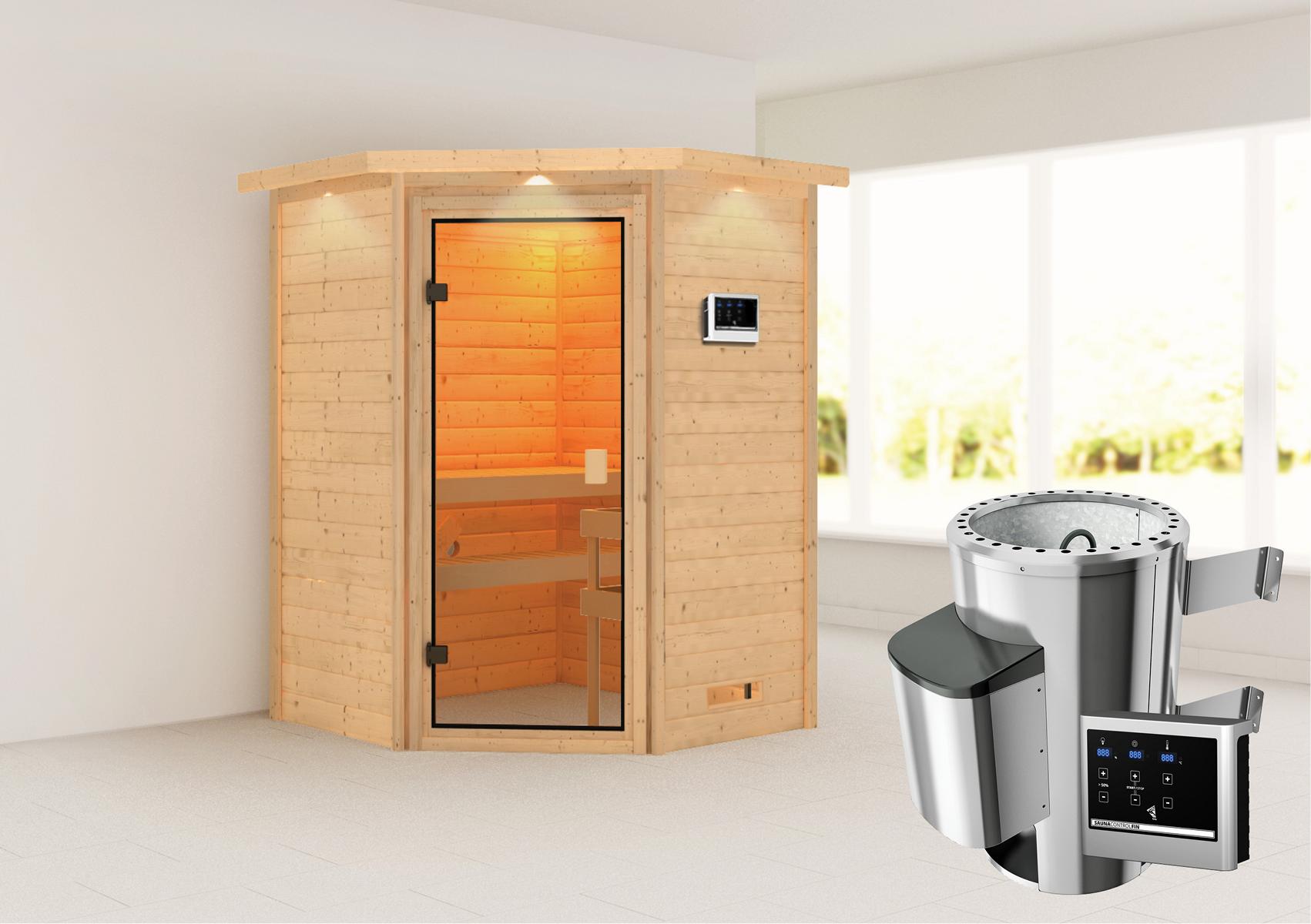 KARIBUHOLZT Sauna Antonia Eck,3,6kW ext. Strg. m.Dachkranz 16880446