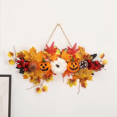 Inspired Finds Harvest Glow Maple Leaf Pumpkin Berry Wall Hanging Pendant For Autumn Decor variant 4: Classic Autumn Colors With A Pumpkin Centerpiece And Seasonal Leaf Arrangement.