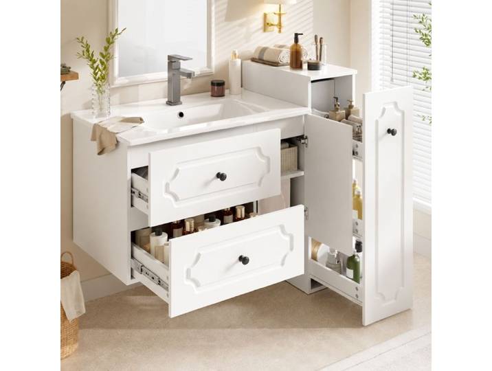 Norevia ensemble meuble lavabo blanc avec vasque en céramique meuble vasque suspendu de 107 cm