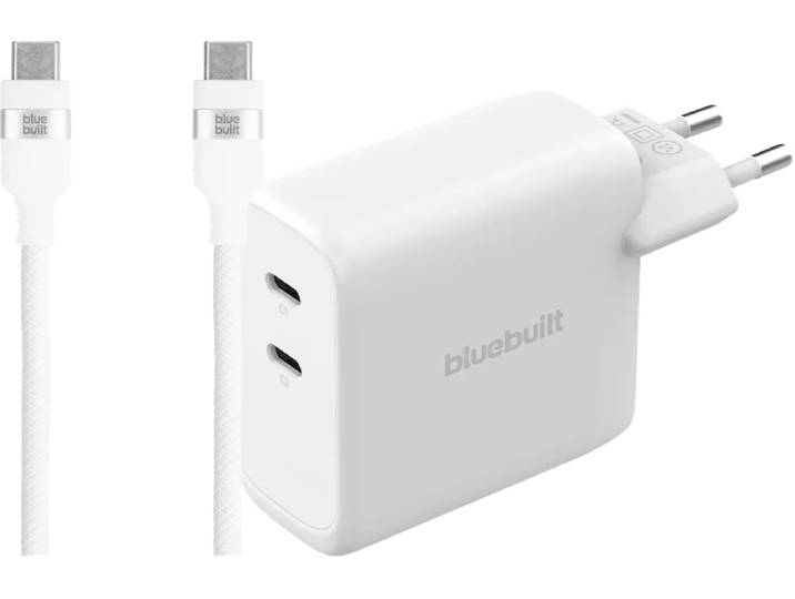 BlueBuilt 100W GaN Oplader met 2 Usb C Poorten Wit + BlueBuilt Usb C Kabel 240W 2m Nylon