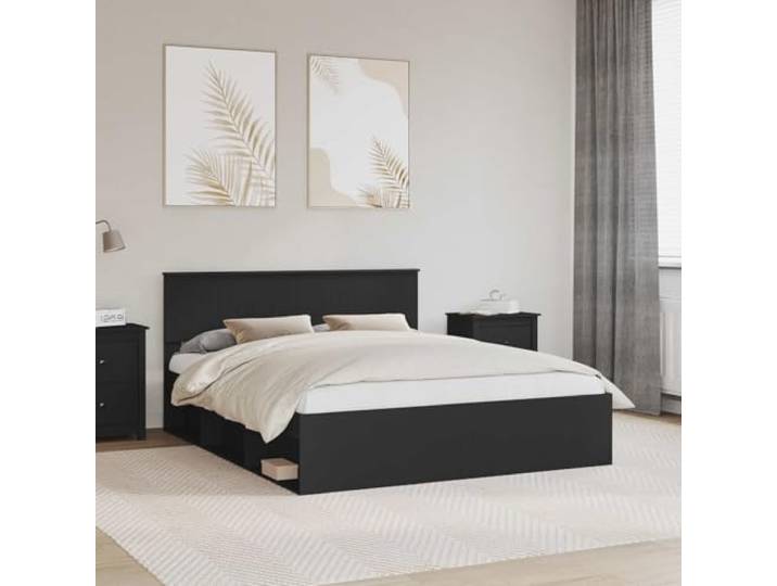 RJPLMFV Bettgestell mit Kopfteil, Schwarz, 160 x 200 cm, massives Kiefernholz