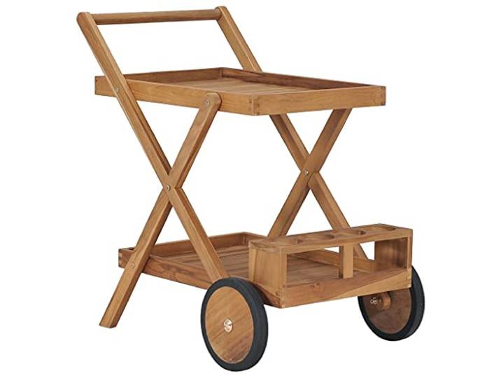 vidaXL Teak Massiv Teewagen mit 4 Flaschenhalter Servierwagen Küchenwagen Küchentrolley Rollwagen Getränkewagen Allzweckwagen 54x82x83cm
