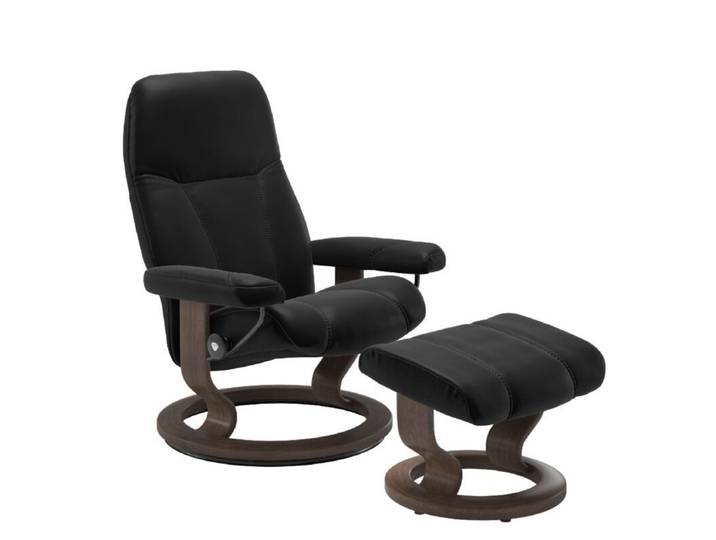 Stressless Consul Sessel Classic wahlweise mit Hocker - Leder Batick Black - Buche Holzfarbe Walnuss - inkl. Hocker - Medium Drehfunktion, automatische Rückenteilverstellung, automatische Sitzteilverstellung, manuelle Relaxfunktion Modern, Skandinavisch, Zeitlos