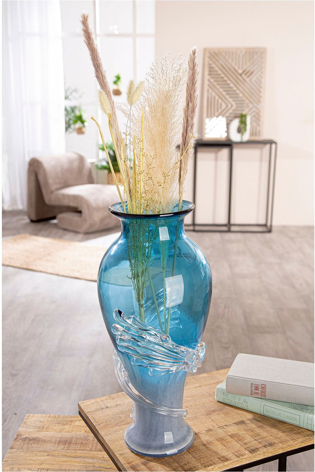Tischvase CASABLANCA BY GILDE "Vase Wave blau", blau, B:23cm H:50cm T:23cm Ø:23cm, Glas, Vasen, Tischvase blau B/H/T: 23cm x 50cm x 23cm Ø 23cm