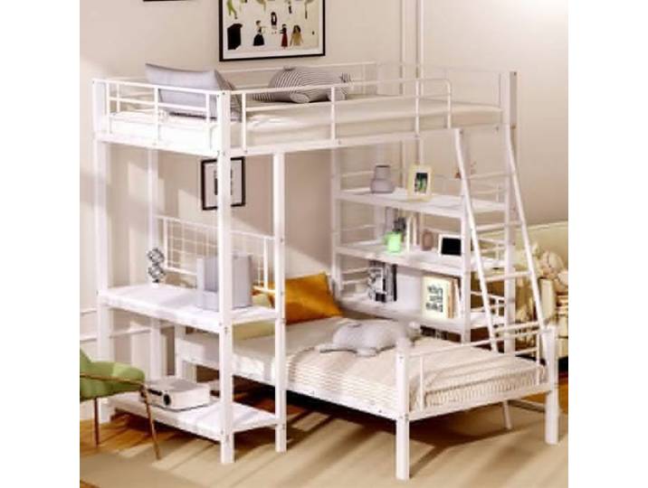 Lit superposé à cadre métallique lit mezzanine 90x200 cm lit avec plusieurs compartiments de rangement blanc