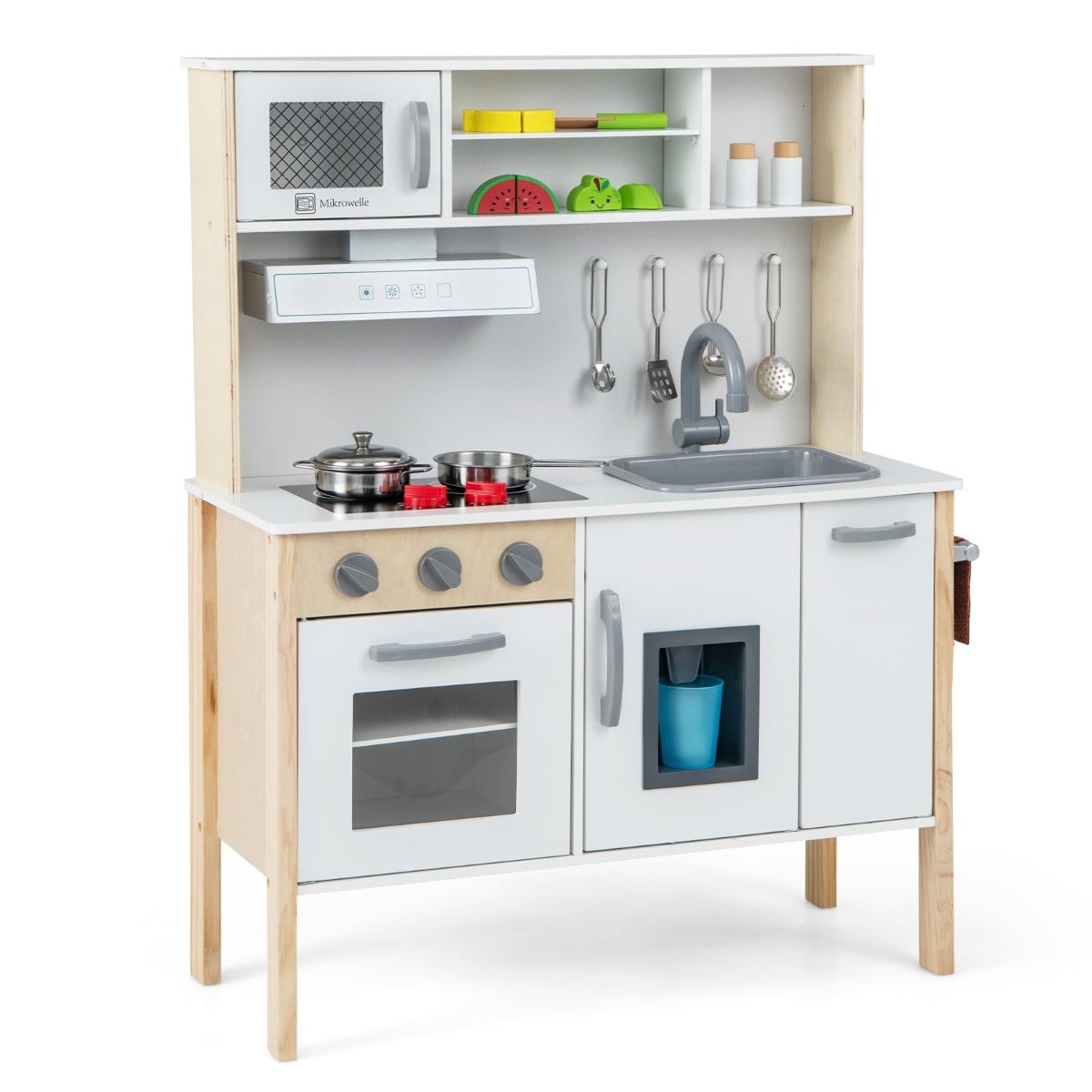 Costway Houten Kinderkeuken Speelkeuken met Magnetron, Afzuigkap, Kookplaat, Speelgootsteen, Oven, Ijsblokjesmachine en 18 Accessoires