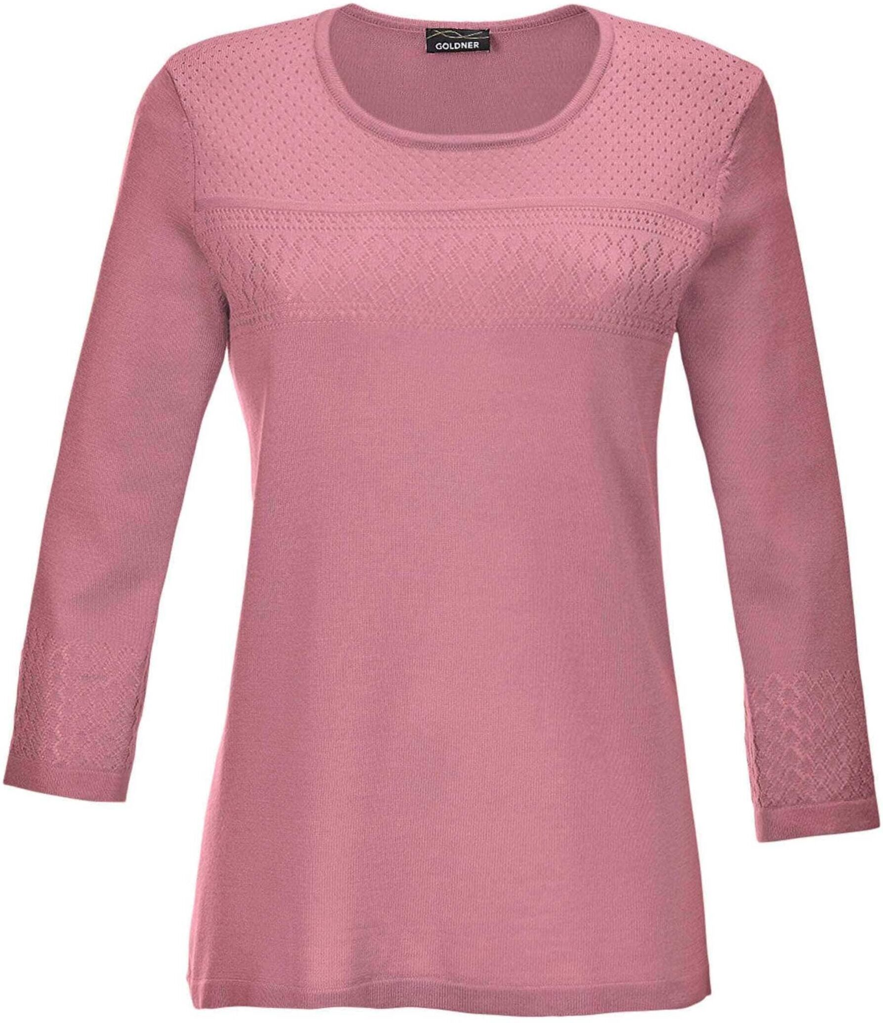 Rundhalspullover GOLDNER "Pullover mit schönem Ajourmuster", Damen, Gr. 38, rosa (magnolie), Obermaterial: 100% Polyacryl PAN., weit normales Bündchen, Pullover Rundhalspullover, Zartes Ajourmuster