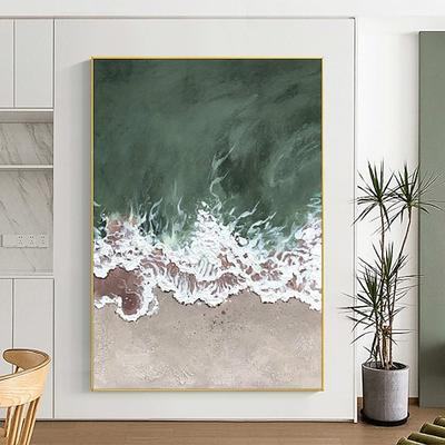 Großes, dreidimensionales, strukturiertes Ozeangemälde, Acryl, gerahmt, grünes Strandgemälde, abstrakte Meereswandkunst, Küstenwandkunst, Strandleinwandgemälde, Heimdekoration