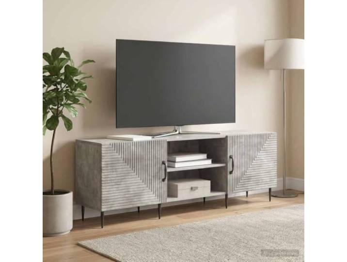 GKMBCVDFR TV-Schrank 150 x 31 x 50 cm Betongrau Holzwerkstoff Vintage-Design, schwarze konische Beine, Pendeltüren, Regalbretter, Stangengriffe, pflegeleichte Oberfläche