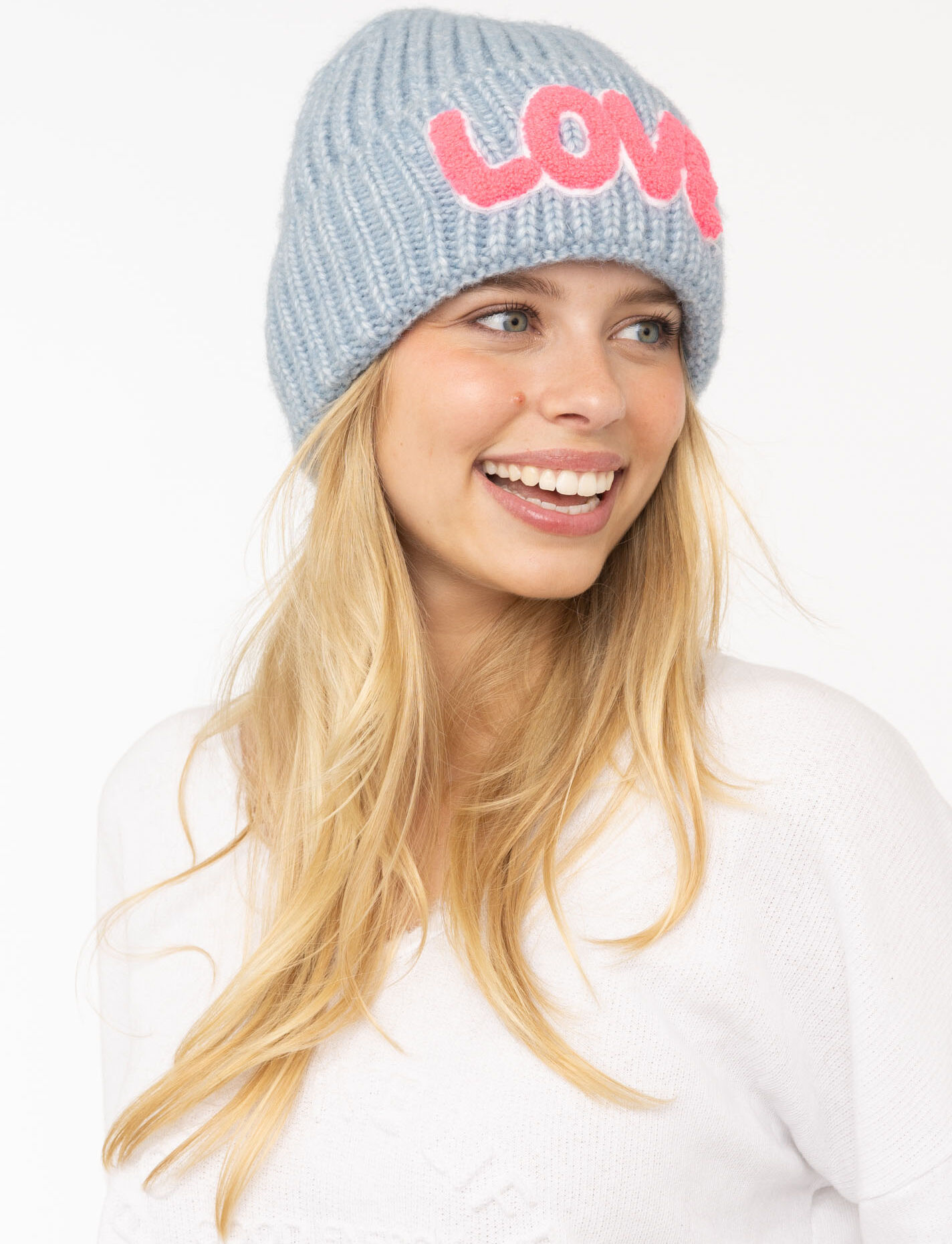 Beanie ZWILLINGSHERZ "Love Label", Damen, blau, Strick, Materialmix, Mützen Beanie, mit LOVE-Schriftzug und Wollanteil blau Einheitsgröße