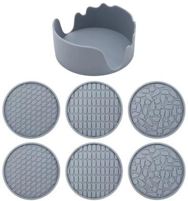 Inspired Living Silicone Coasters With Holder (Set Of 6) Thick, Non Slip Drink Coasters For Hot & Cold Drinks gray