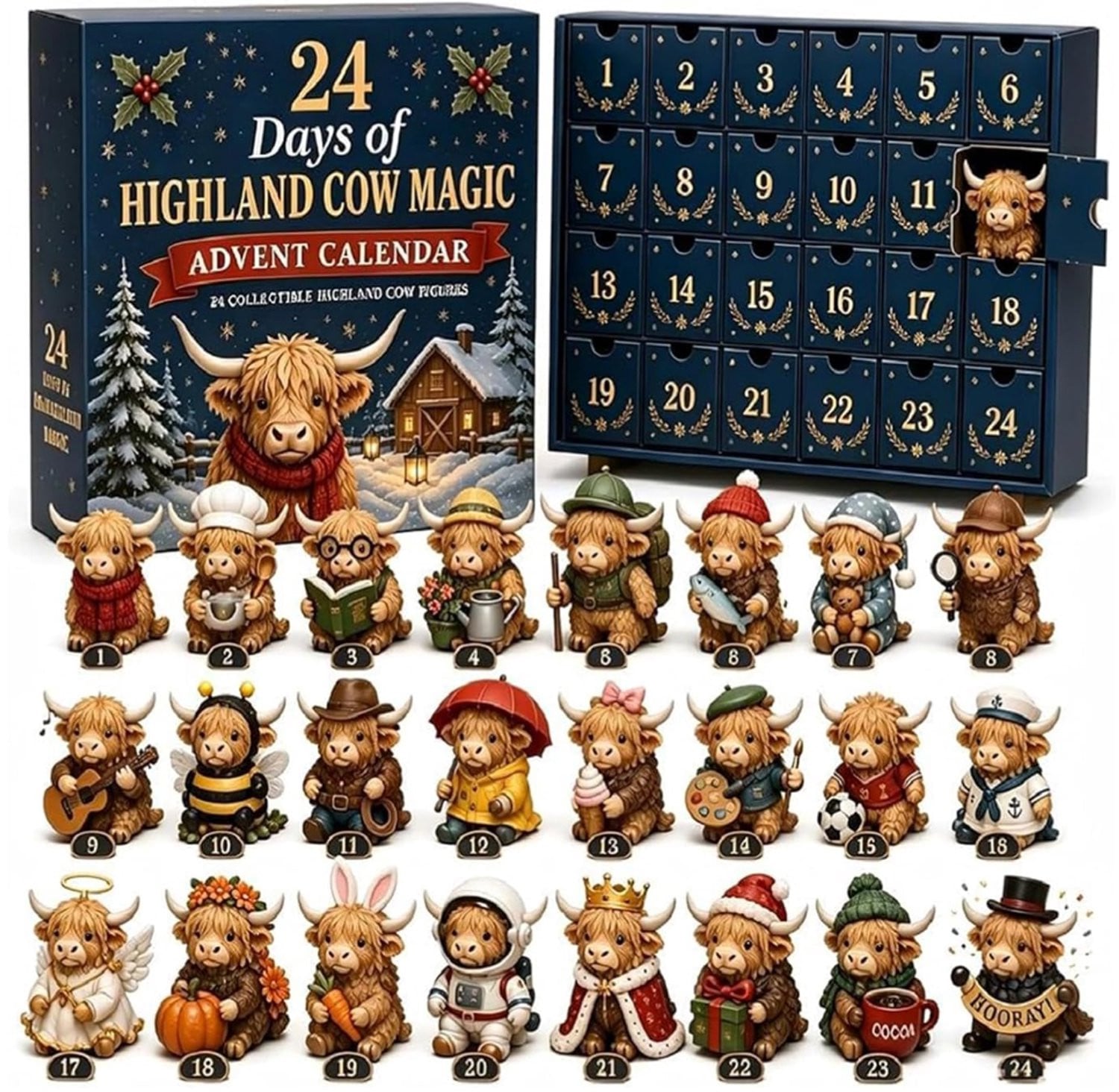 Kerst aftelkalender 2026 met 24 stuks Hoogland koe kerst hangornamenten blind boxes