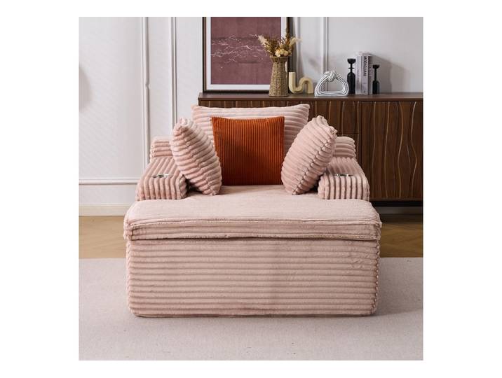 ANYSUN Chaiselongue XXL Relaxsessel aus Cord mit Federkern und tiefer Sitzfläche,3 Kissen, Loungesofa mit Decke,Getränkehaltern,montagefrei,Seitentaschen,Rosa