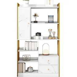 Merax Bücherregal 100x30x173.5 cm, Industrial Regal mit Türen, Schubladen, 6 Ebenen, Metallrahmen, Gold/weiß