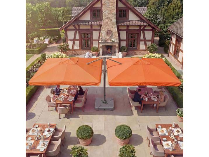 Gastronomie-Alu-Luxus-Doppel-Ampelschirm T44, Pergola-Markise-Effekt, 6,2x3m Polyester 50kg terracotta + Ständer