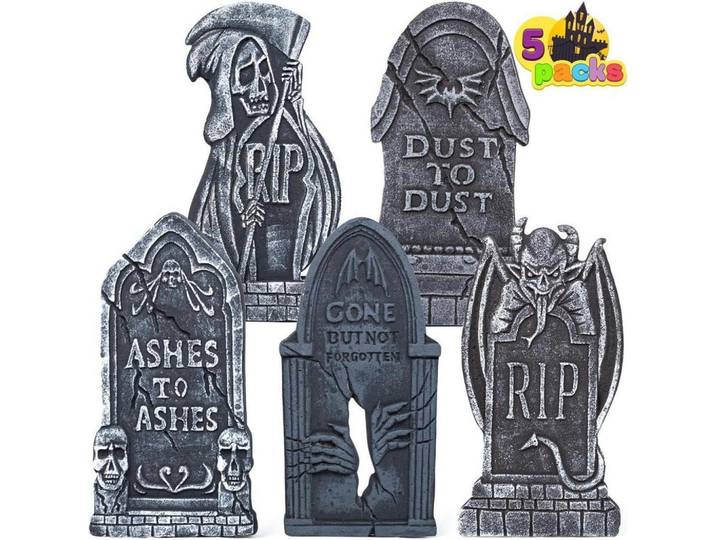 Halloween Grabsteine 5-teiliges Set 43 cm Schaumstoff mit Metallspießen, Grau, Kunststoff, 22x15.8x44.4 cm, Dekoration, Dekofiguren & Skulpturen, Dekoobjekte