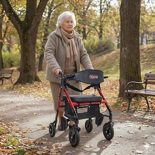 Rollator & Transportstuhl - Outdoor Gehhilfe klappbar - Hybrid-Rollator mit Sitz & Rückenlehne - Inkl. Fußstützen, Tasche & Stockhalter - Rot