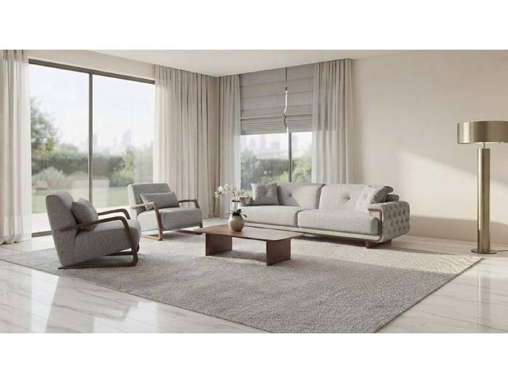 JVmoebel Polstergarnitur Elegante Graue Wohnzimmer Polstergarnitur 3-Sitzer 2x Loungesessel, (2-tlg., 2-tlg)