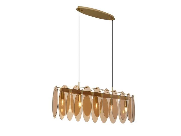 Suspension Art Déco Or avec Verre Ambré Ovale 5 Lumières - Mochan