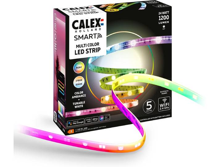Calex Smart LED Strip - 5M\, Slimme Lichtstrip\, RGBIC+CCT\, App bedienbaar\, Binnengebruik\, 24W
