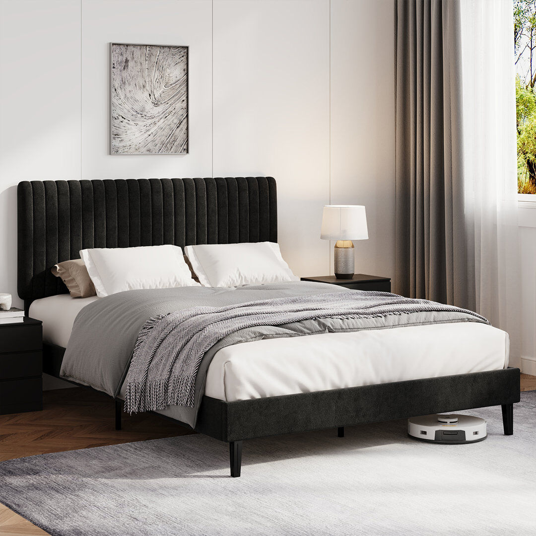 17 Stories Upholstered Velvet Bed Black 135x190