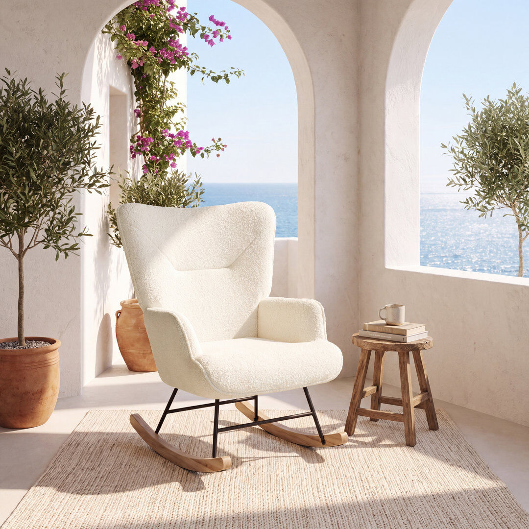 Norden Home Solid Wood and Iron Rocking Chair Teddy Fabric/Cream 89cm H X 62cm W X 78.5cm D