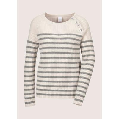 Longpullover MADELEINE "Strickpullover Eleganter Wollpullover mit Ringelmuster", Damen, Gr. 48, weiß (perlweiß, steingrau), Obermaterial: 90% Schurwolle WV. 10% Kaschmir WS., Modern, normal, U-Boot-Ausschnitt, Pullover Longpullover