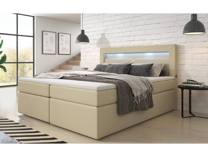 Boxspringbett Repos mit LED und USB - 160x200 - Beige - H4 (100kg+) - Luxusbetten24
