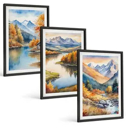 BILDER SET 3er Set - 40x60 cm Schwarzer Rahmen - Gebirgsflüsse, Herbstbäume