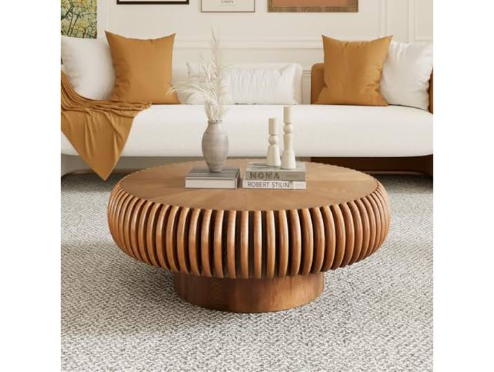 JHKZUDG Runder, Geriffelter Couchtisch 80 cm Aus Holz, Braun,31.5 inch Moderner Runder Akzenttisch Im Mid-Century-Stil, Ideal Für Wohnzimmer, Kleine Räume Und Wohnungen, Einfache Montage