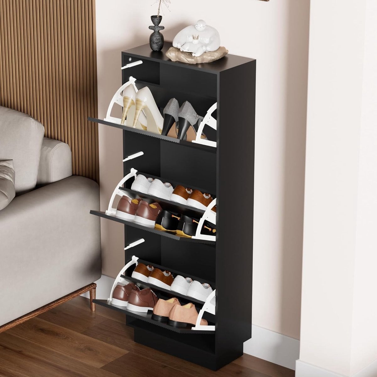 UEV Schoenenkast met 3 kleppen en lijnpatroon, zwart, B: 50 cm, D: 24 cm, H: 131 cm