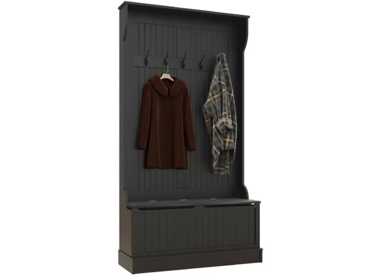 HOMCOM Porte-manteau entrée banc et rangement chaussures 3-en-1 noir Banc fin avec portemanteau\, 4 crochets\, compartiment à rabat