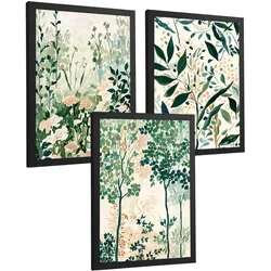 POSTER 3er-Set Wandbilder Floral Landschaft modern Wohnzimmer Deko, Schlafzimmer, Küche, Badezimmer Schwarzer Rahmen A4