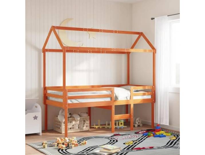 FMPGJLYH Kinderbett-Dach aus Kiefernholz, Hausbett-Gestell Wachsbraun Massivholz-Konstruktion, Rustikaler Charme, Offenes Design
