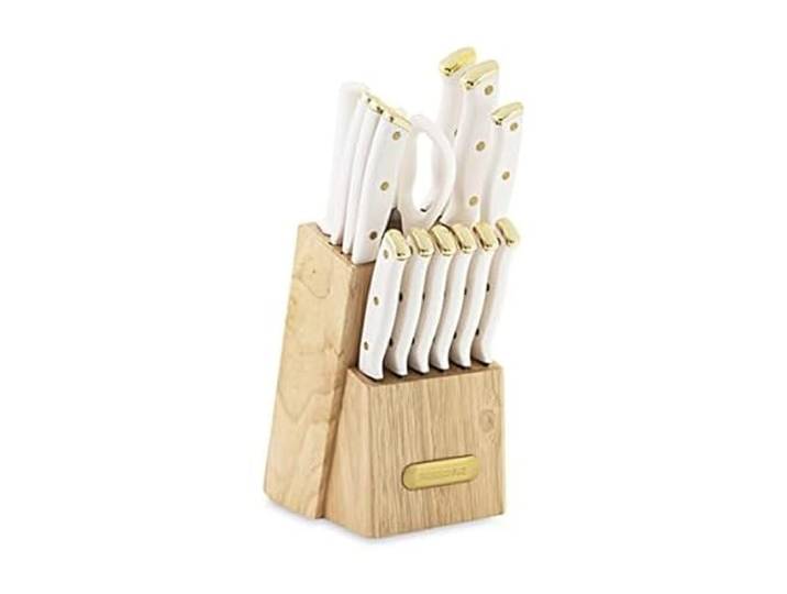 Farberware 15-teiliges dreifach genietetes Messerblock-Set, Küchenmesser, rasiermesserscharfes Messerset mit Holzblock, Weiß und Gold