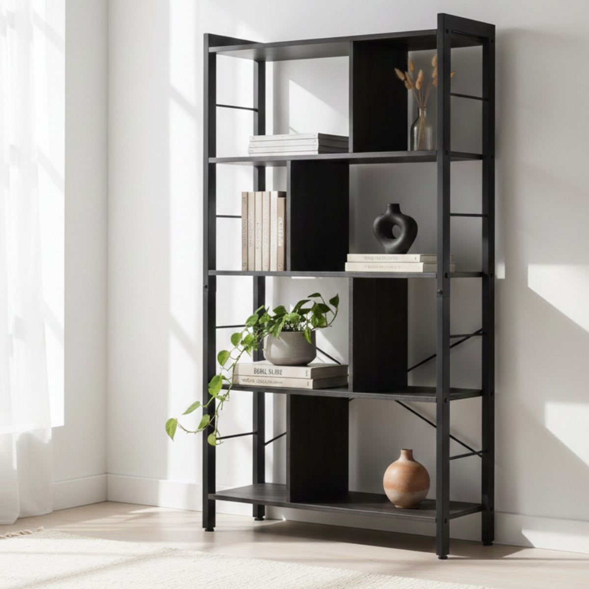 MAZAZU Boekenkast - Industrieel Open Boekenrek met Planken - Zwart - H x B x D: 154,5 x 74 x 30 cm
