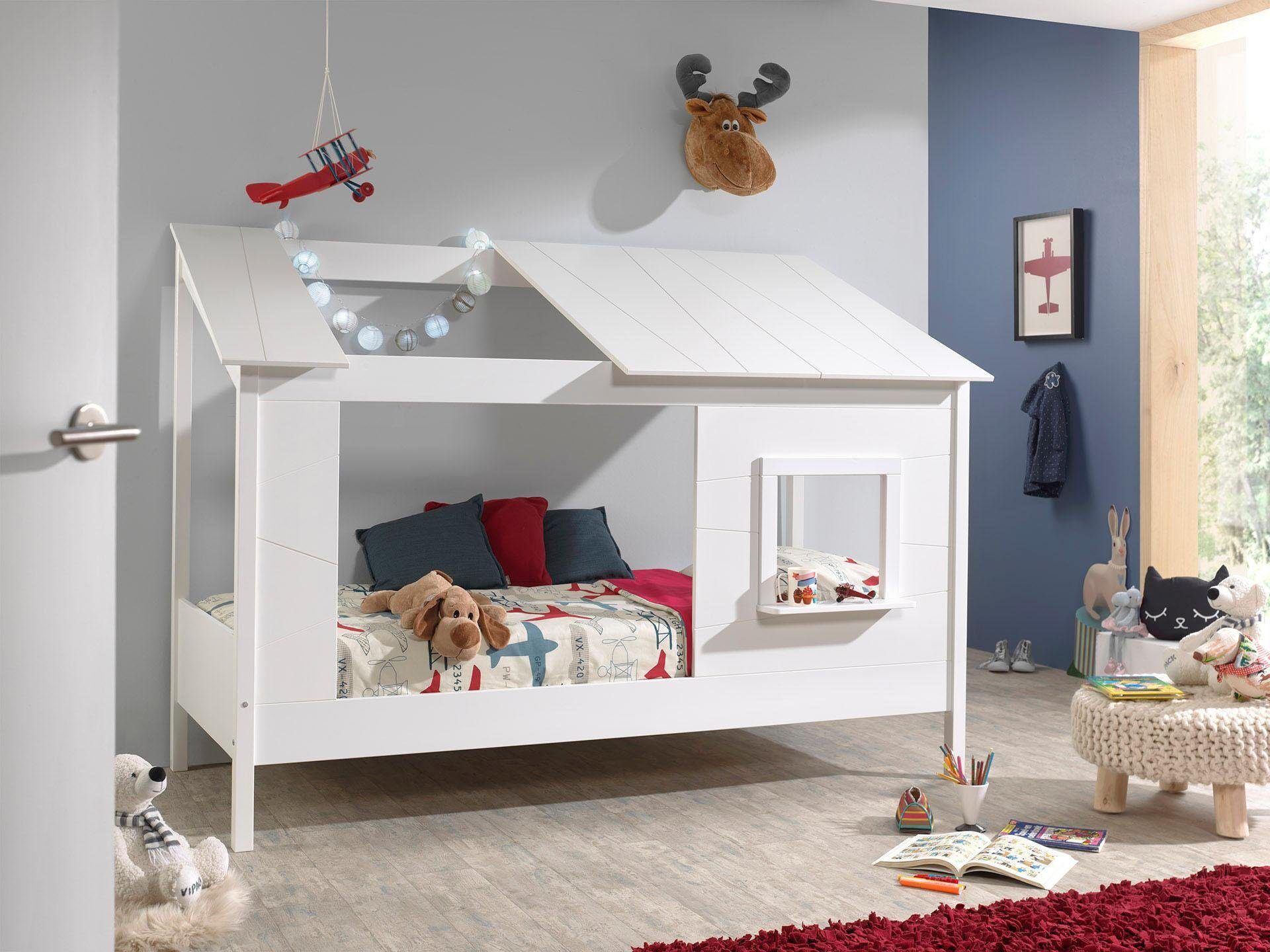 Kinderbett VIPACK "Hausbett, aus MDF und Massivholz weiss lackiert, inkl. Fenster vorne", weiss (weiß), B:108cm H:159cm L:214cm, Betten, Kinderbett, wahlweise mit oder ohne Bettschublade auf Rollen weiß Liegefläche Länge B: 200cm x 90cm, Ohne Bettschubkas