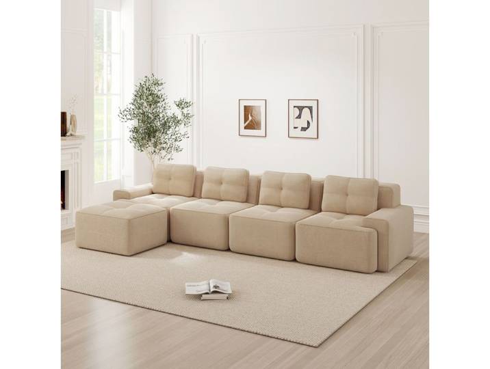 Modenuit Canapé d'angle modulable 4 places beige en velours côtelé sans montage chaise longue à gauche