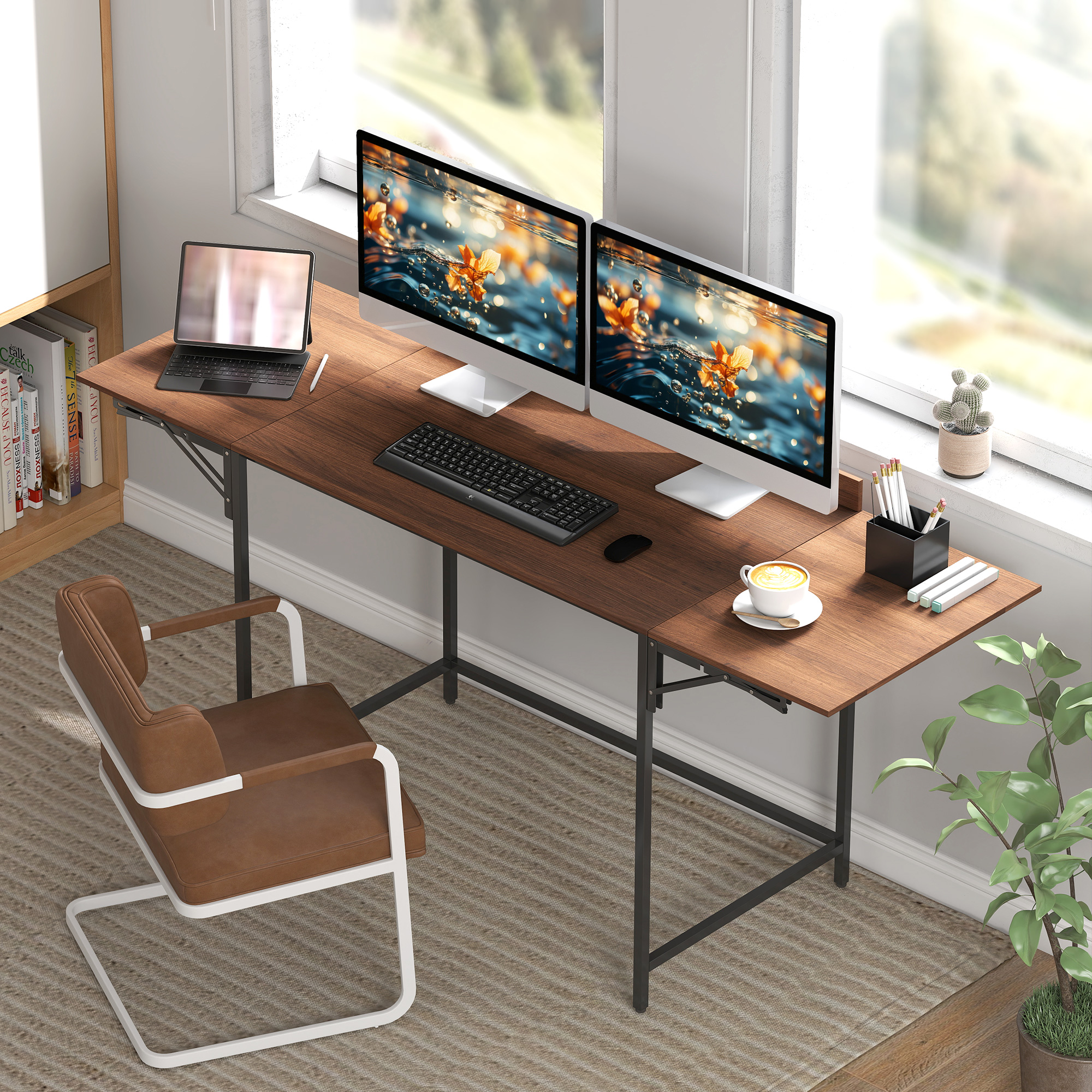 Homcom Scrivania pieghevole per computer 2 pannelli pieghevoli per 2 schermi, per camera, piccoli spazi, 170 x 58 x 78 cm noce   Aosom Italy