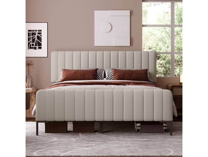 Lit ULEVR tête de lit réglable avec sommier gris-beige 140 x 200 cm