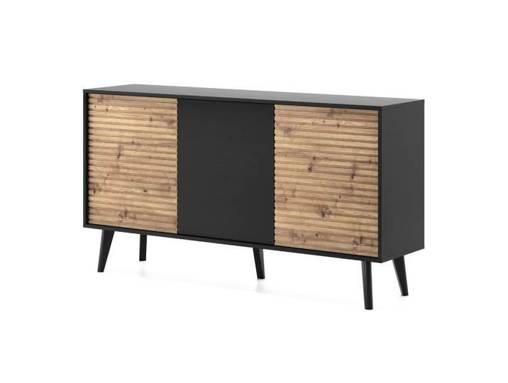 Komodee Sideboard Saskatoon K154 – Schwarz, Artisan-Eiche, Schwarz, Eiche Artisan, Metall, 3 Fächer, 154x83x39 cm, Kleinmöbel, Kommoden, Sideboards