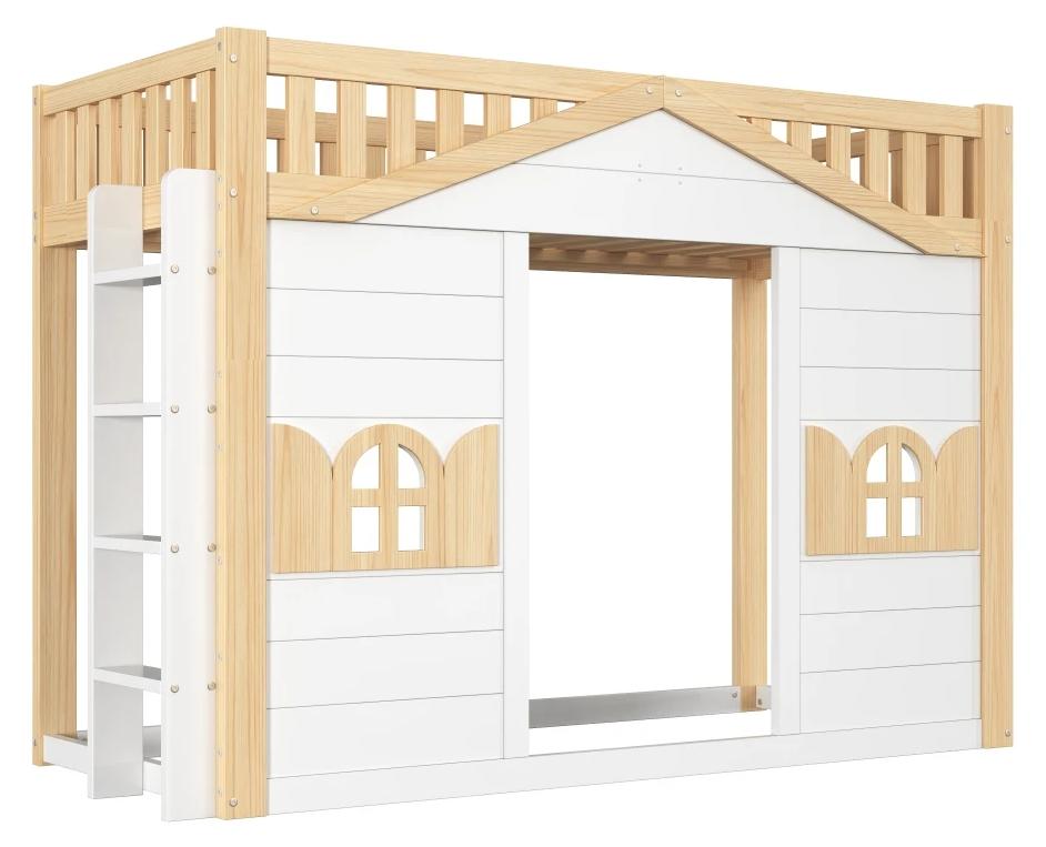 Hausbett aus Holz - Kinderbett - 90 x 200 cm - Kiefer - Weiß - Fensterdetails - Schlaf- und Spielfläche