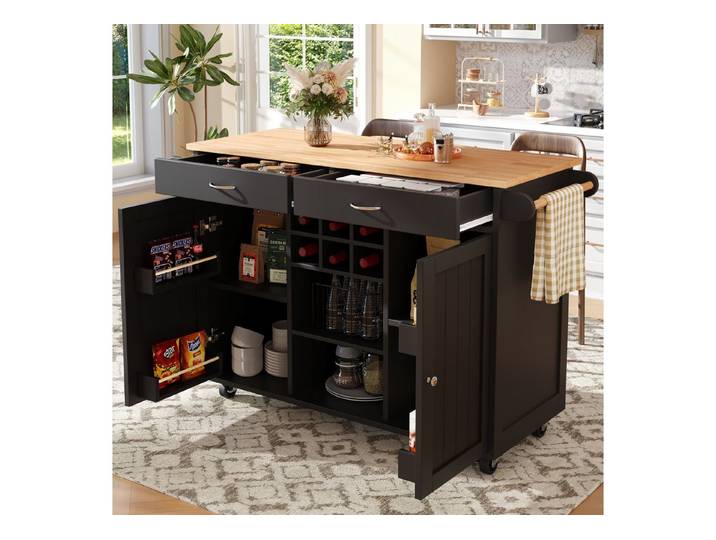 Odikalo Kücheninsel Küchenwagen Servierwagen Küchenschrank Sideboard Weinregal Schwarz