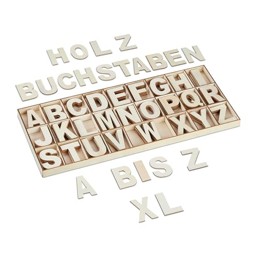 Relaxdays houten letters set, 208 stuks, alfabet A-Z, natuurkleur, hoogte: 5 cm