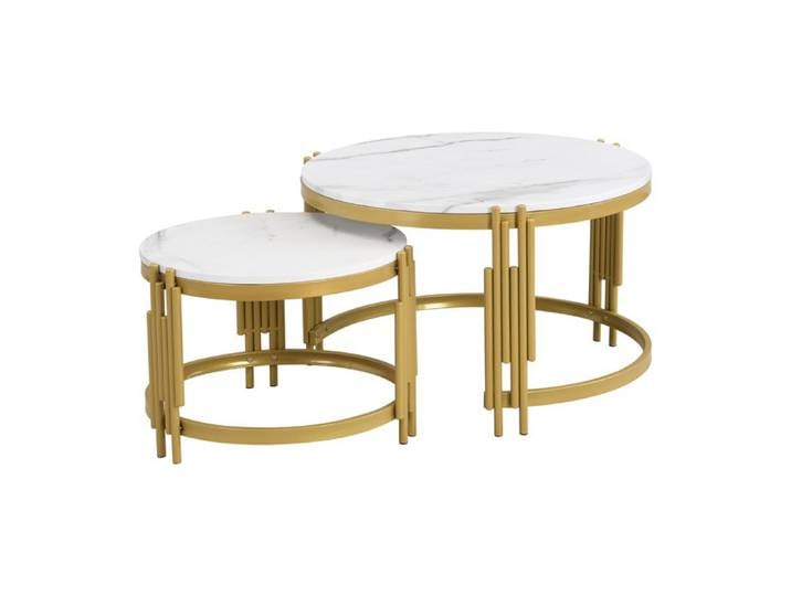 Ensemble de table basse modulaire texture marbre blanc structure en métal doré table ronde