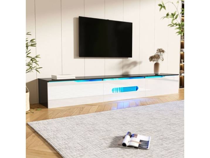 Meuble TV - SOGEU - 180 cm - Noir et blanc - LED 16 couleurs (Bluetooth) - Fixation murale possible
